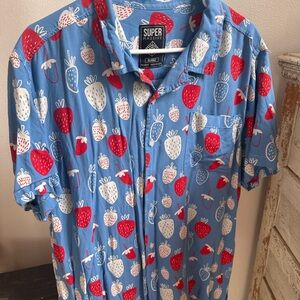 Men's Blue Short-Sleeve Strawberry FEST Print Shirt Large /XL